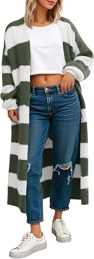 Saodimallsu Womens Striped Long Cardigan Sweaters Open Front Oversized Chunky Fuzzy Knit Fall Dus... | Amazon (US)