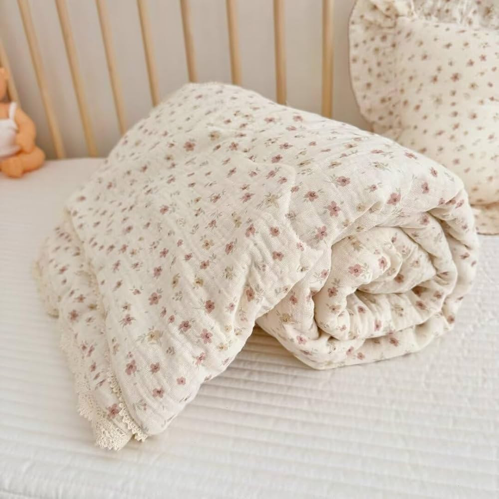 BuLuTu Pink Flower Print Toddler Quilted Blanket Chic Shabby Floral Kids Quilts with Lace Edges, ... | Amazon (CA)