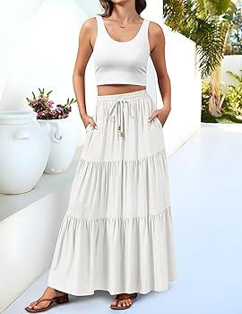 HAEOF Women's 2024 Summer Boho Elastic High Waist Maxi Skirt A-Line Flowy Ruffle Tiered Long Beac... | Amazon (US)