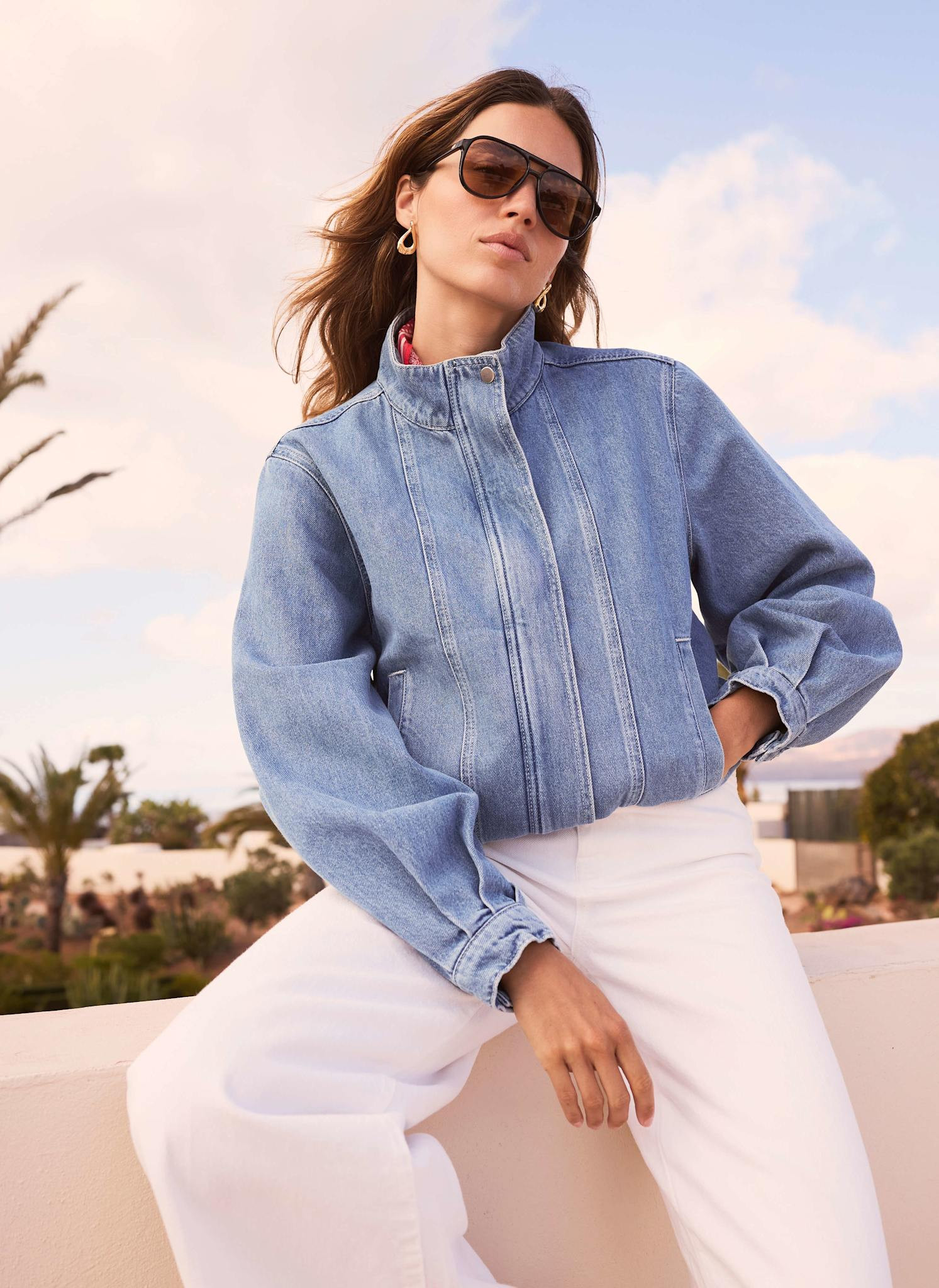 Mid Indigo Denim Bomber Jacket | Mint Velvet - US