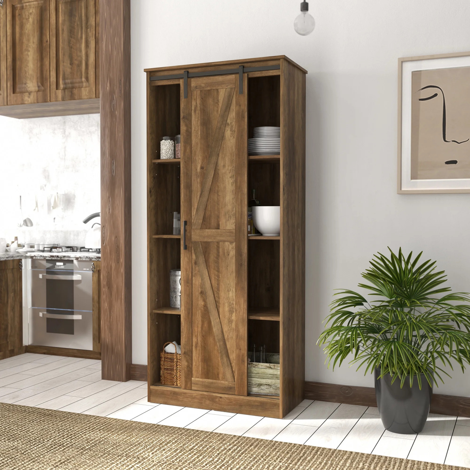Woven Paths Shelton Wood Kitchen Pantry with 1 Sliding Barn Door, Knotty Oak | Walmart (US)