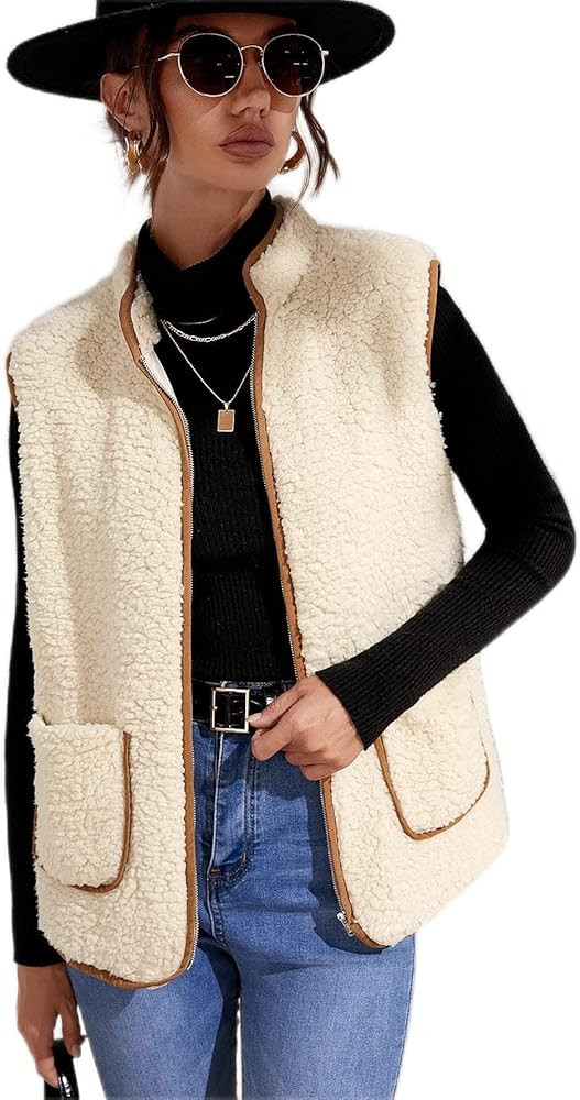 Neeno women's jacket Contrast Binding Zipper Teddy Vest Jacket jacket for women | Amazon (US)