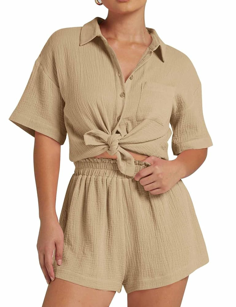 Flygo Womens Casual 2 Piece Outfits Cotton Linen Sets Button Down Oversized Shirt Shorts 2025 Paj... | Amazon (US)