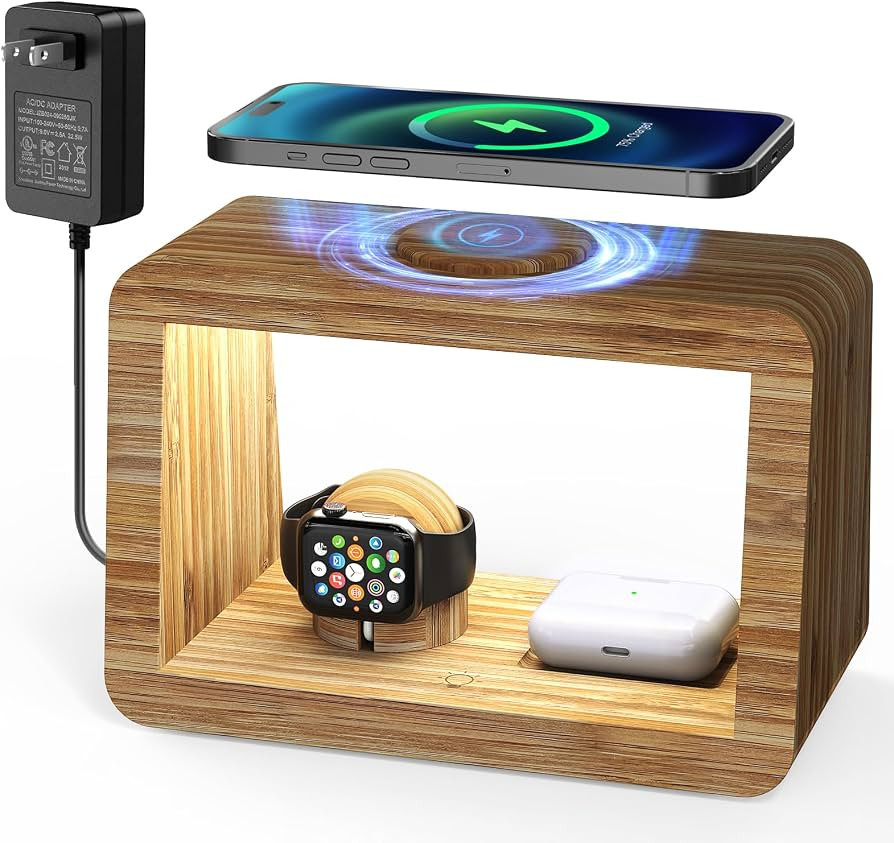 Bamboo Wireless Charging Station 4-in-1 Wireless Charger with Nightlght, Compatible with iPhone 1... | Amazon (US)