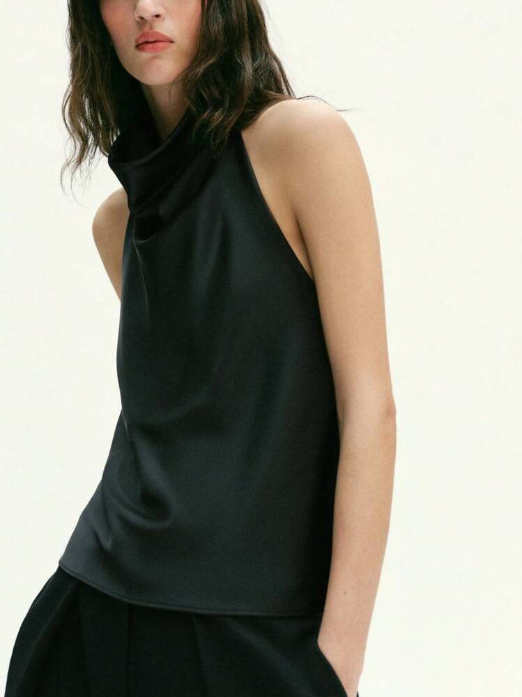 Women Satin Halter Tops Open Back Hidden Button Crop Tops Elegant Cowl Tank Tops Summer Sleeveles... | SHEIN