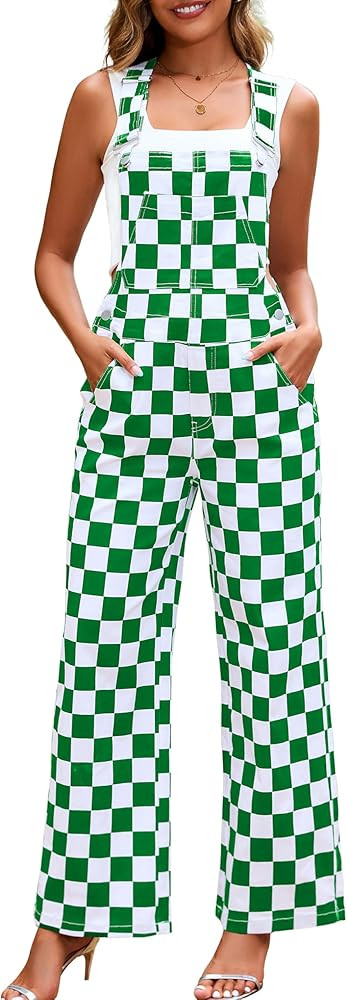 Overalls for Women Loose Fit Jumpsuits Fashion Checkered Straight Leg Pants Stretch Bib Coveralls | Amazon (US)