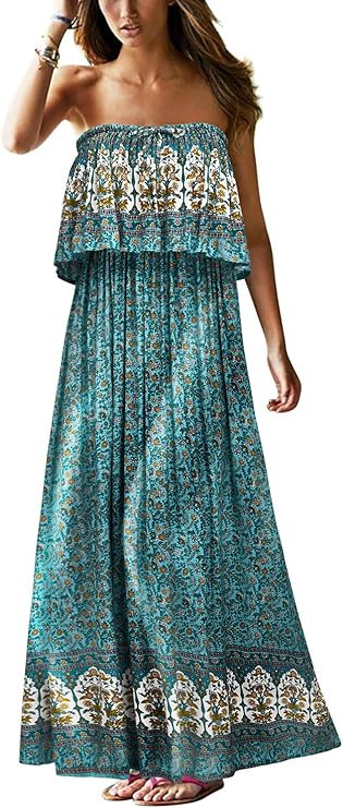 UIMLK Women's Summer Strapless Maxi Dress Long Beach Boho Floral Printed Vacation Dresses | Amazon (US)
