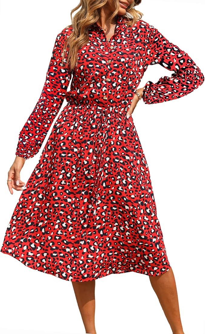 KIRUNDO Women's 2023 Fall Winter Long Sleeve Leopard Print Midi Dress Button Flowy A-Line High Wa... | Amazon (US)