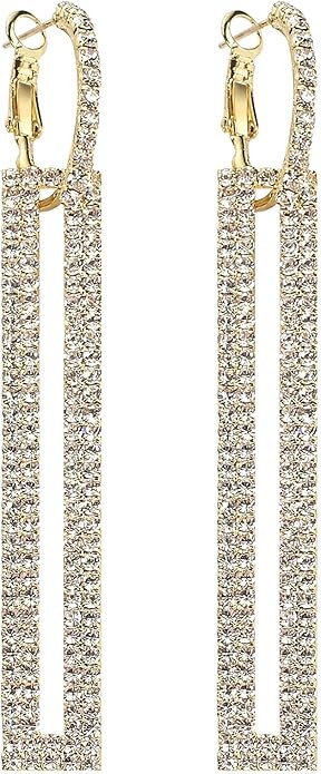 Geometric Rectangle Cubic Zirconia Rhinestone long Drop Dangle Earrings for women Hypoallergenic ... | Amazon (US)
