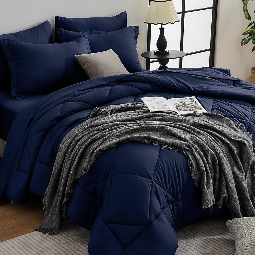 HEVUMYI Navy Blue Queen Comforter Set - 7-Piece All Season Bed in a Bag Queen, Ultra Soft Bedding... | Amazon (US)
