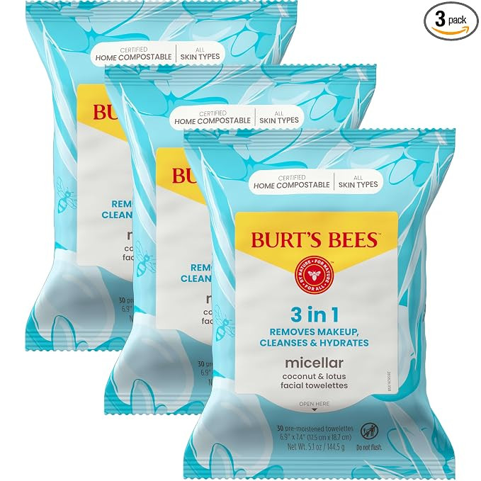 Face Wipes, Burt's Bees Facial Cleansing, Makeup Remover Towelettes, 3 in 1 Hydrating Micellar Cl... | Amazon (US)