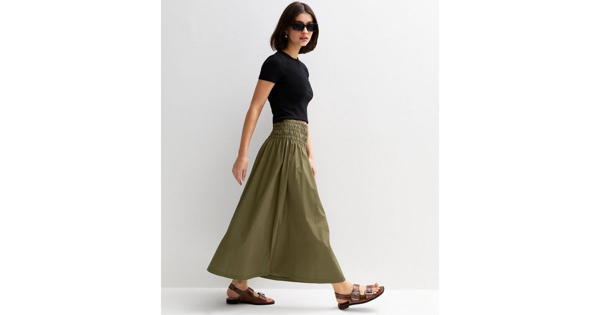 Khaki Shirred Waist Poplin Midi Skirt | New Look | New Look (UK)
