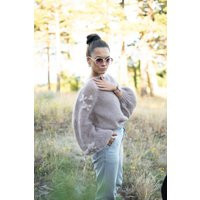 Hand Knitted Women's Puffy Sleave Mohair Sweater With Boat Neckline & Floral Ornaments, Loose Fit Oversized Handmade For Ladies | Etsy (US)