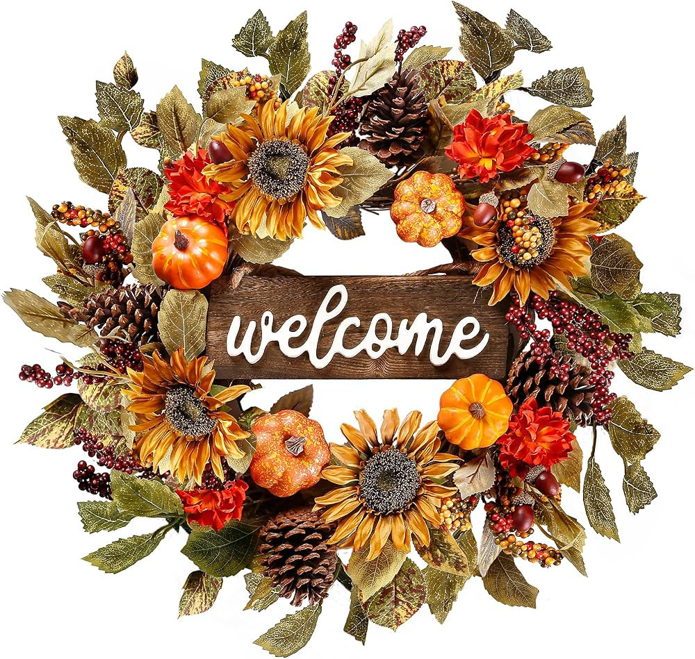 Sggvecsy Artificial Fall Wreath 20’’ Autumn Front Door Wreath Harvest Wreath with Sunflower P... | Amazon (US)