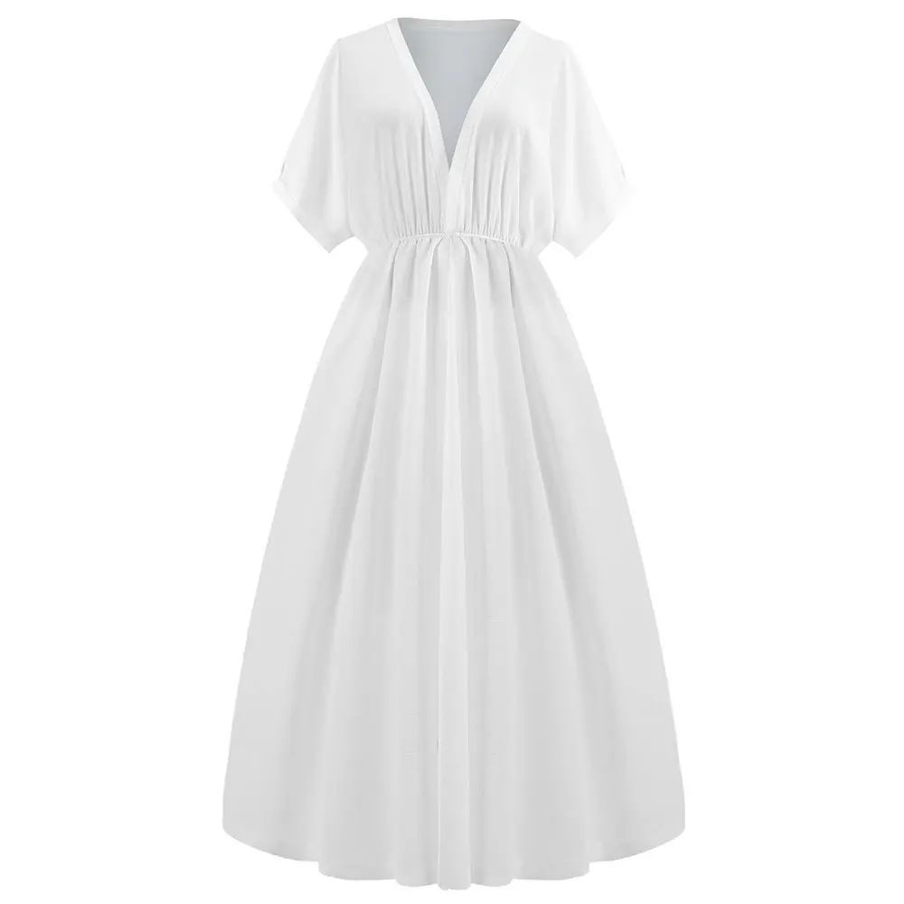 Deep V Collect Waist Long White Dress | Rosegal US