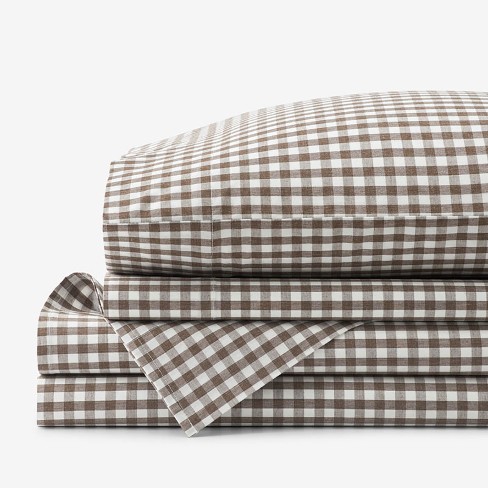 Gingham Classic Cool Melange Cotton Percale Bed Sheet Set - Brown, Full | The Company Store
