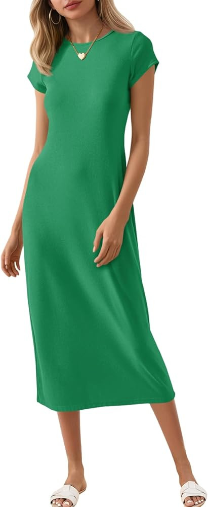 Wenrine Women's Short Sleeve T-Shirt Dress Summer Crew Neck Basic Solid Casual Long Midi Dresses | Amazon (US)
