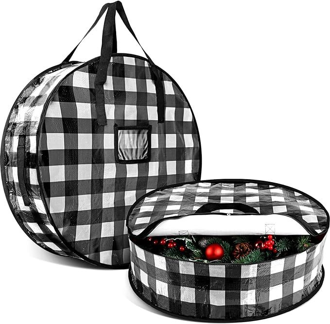 2 Pieces Christmas Wreath Storage Bag 24 Inch, Garland Holiday Container with Buffalo Plaid Chris... | Amazon (US)