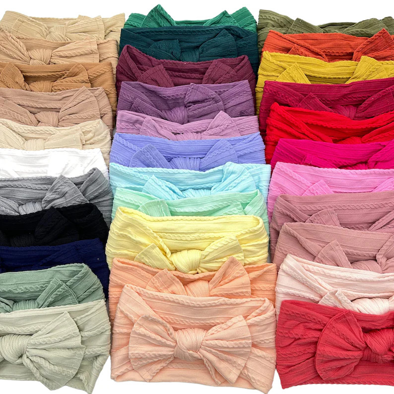 Pre-Tied RAW EDGE Bow Headwraps - Cable Knit Nylon -Soft Baby/Toddler Headband - Newborn headband... | Etsy (US)