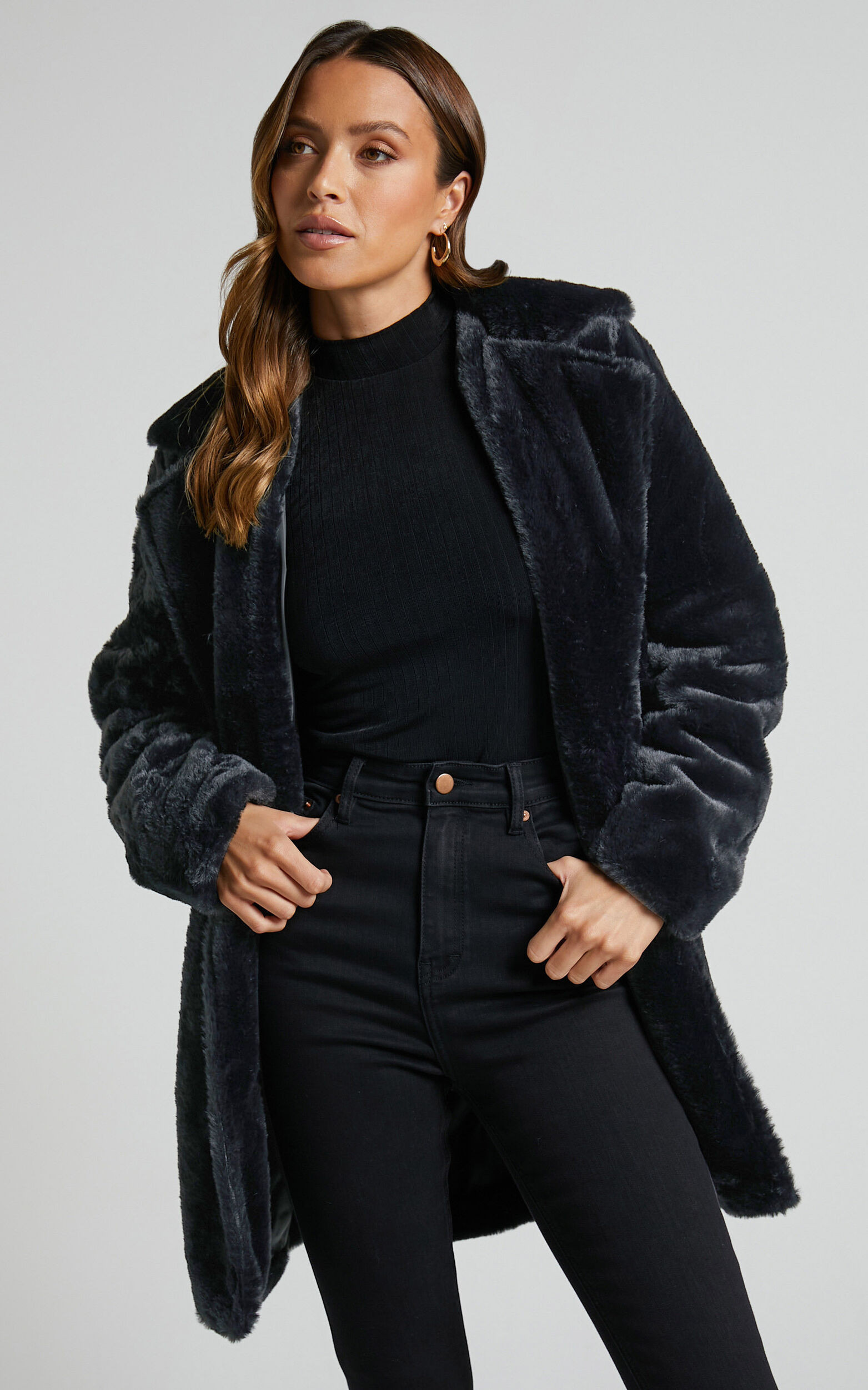 Leaning On You Coat - Faux Fur Coat in Black Faux Fur | Showpo (US, UK & Europe)