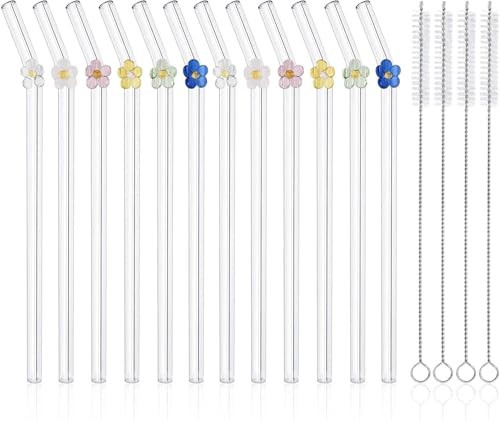 DUMING-IN 12 Pack Reusable Glass Straws, 7.9"×8mm Cute Flower Glass Straw for Coffee, Milkshakes, Juices | Amazon (US)
