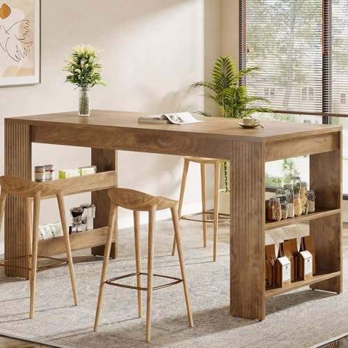 Tribesigns 63-Inch Bar Table, Farmhouse Counter Height Pub Table with Storage Shelves, High Top Bar Unit for Kitchen, Dining Room, Bistro, Natural | Amazon (US)