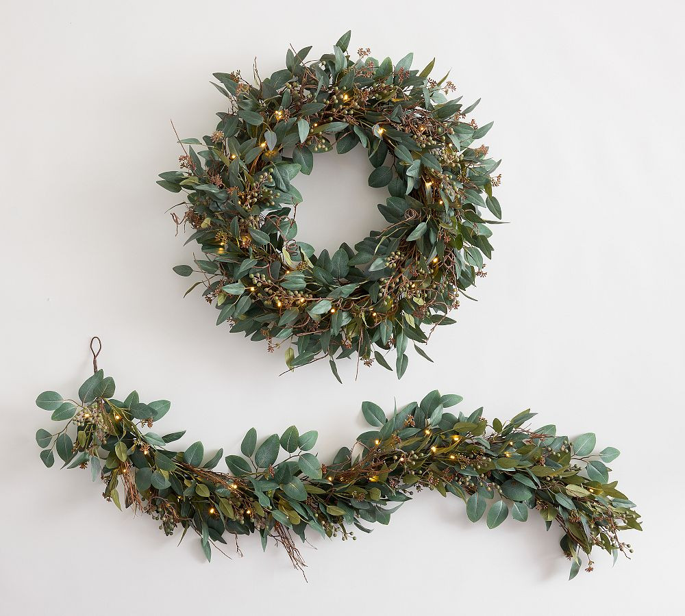 Faux Lit Eucalyptus and Green Berry Wreath &amp; Garland | Pottery Barn (US)
