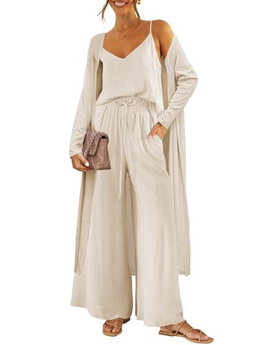 Tankaneo Women's 3 Piece Travel Vacation Outfits Linen Lounge Set Pajamas Long Sleeve Cardigan V Neck Camisole Pants Beige | Amazon (US)