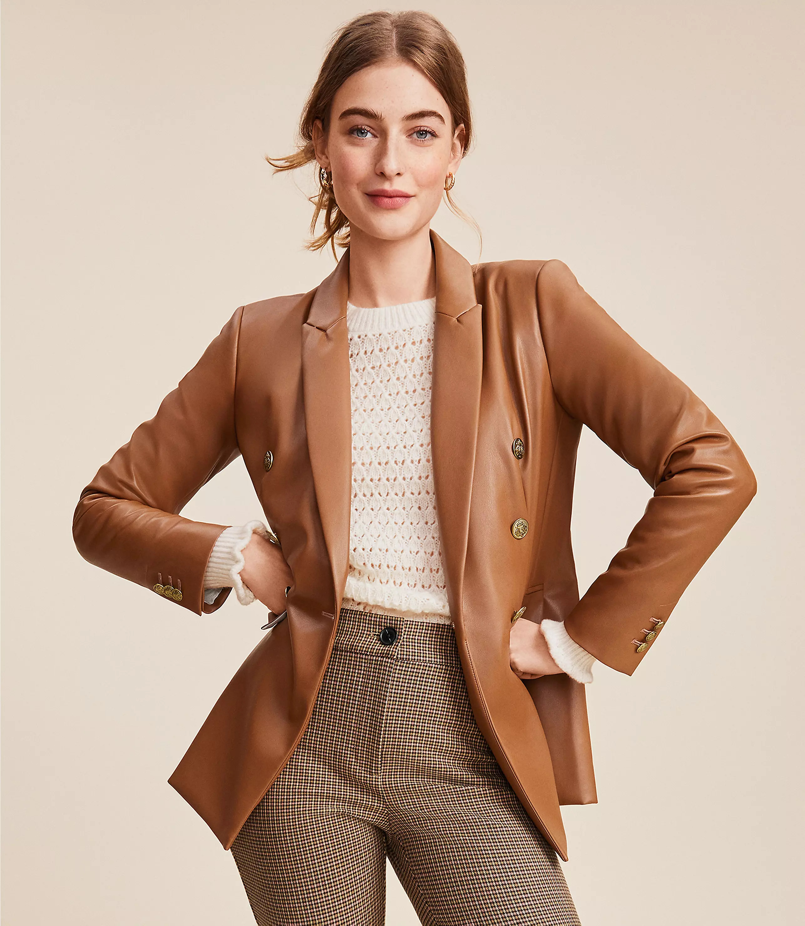 Faux Leather Double Breasted Blazer | LOFT