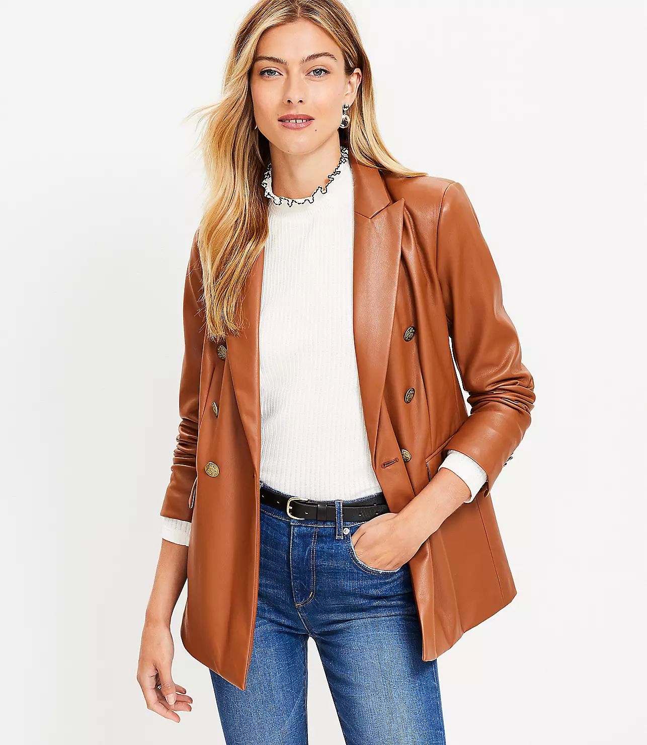 Faux Leather Double Breasted Blazer | LOFT