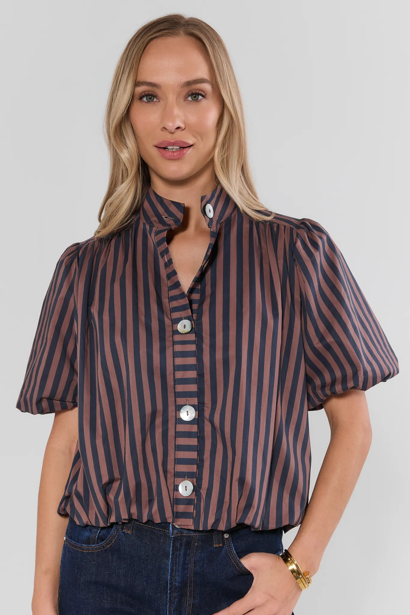 Brown Striped Button Up Jacket | Avara