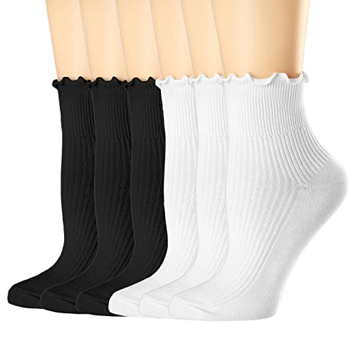 Mcool Mary Women's Ankle Socks, Ruffle Turn-Cuff Casual Cute Summer Cotton Knit Frilly Crew Socks for Women 6 Pack | Amazon (US)