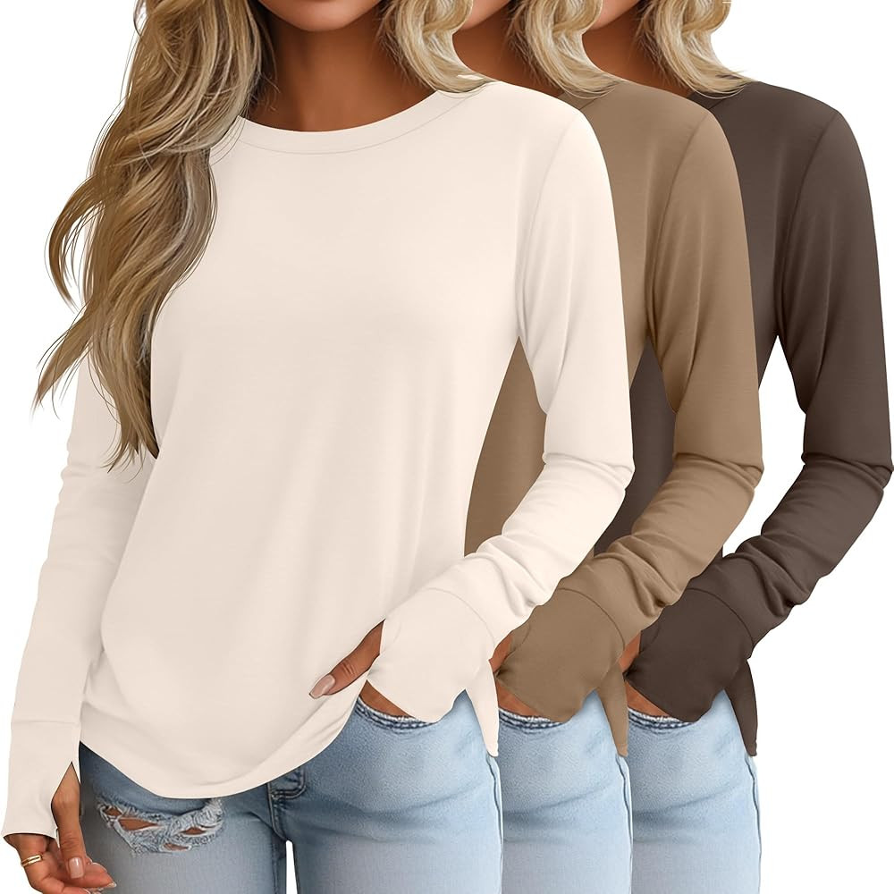 Huukeay 3 Pack Women's Long Sleeve Shirts with Thumb Holes, Cotton Casual Crew Neck Tunic Tops Fa... | Amazon (US)