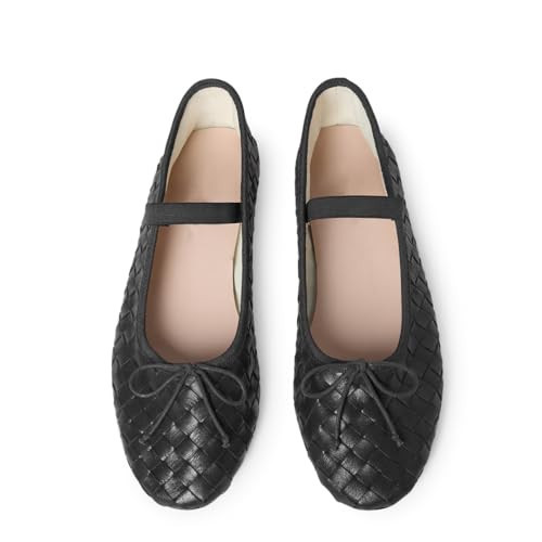 LUXMUWA Womens Black Woven Ballet Flats with Bow Round Toe Slip on Mary Jane Flats Ladies Fashion Elastic Strap Ballerina Flat Size 8 | Amazon (US)