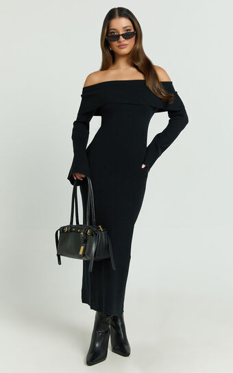 Maisie Midi Dress - Off Shoulder Long Sleeve Fitted Column Knit Dress in Black | Showpo (ANZ)