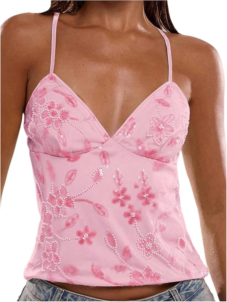 Verdusa Women's Y2k Rave Outfits Sequin Floral Embroidery Camisole Tops Criss Cross Tie Backless ... | Amazon (US)
