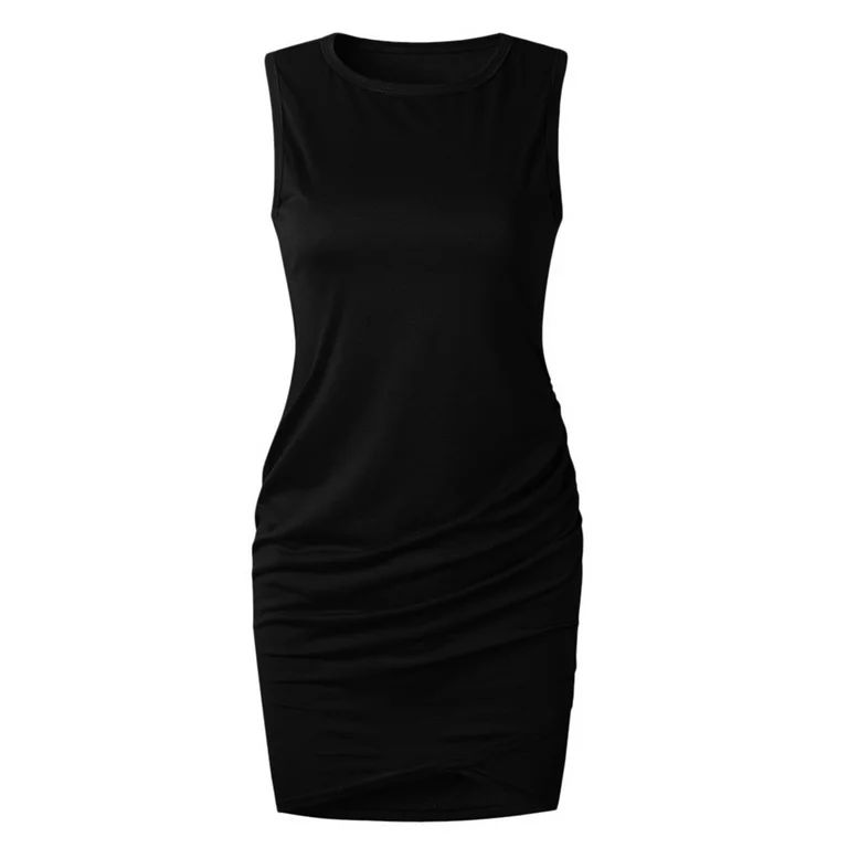 MITCOWBOYS Black Dress White Dress, Women's Casual Sleeveless Slim Ruched Dress Round Neckline Cr... | Walmart (US)