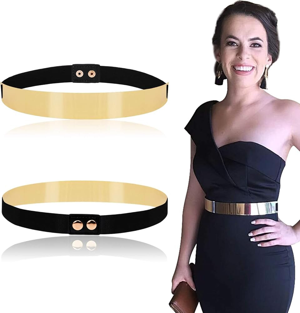 Women Elastic Mirror Metal Waist Belt Metallic Waistband,Golden, One Size | Amazon (US)