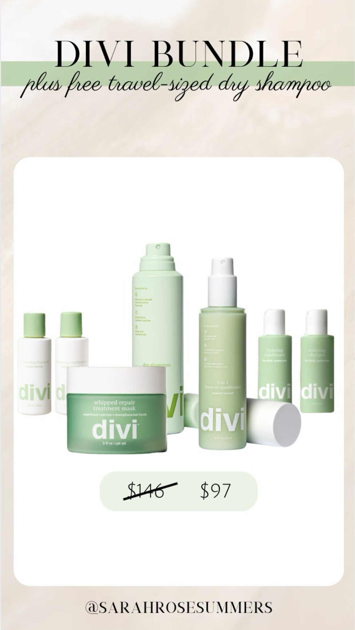 Divi 2024 wrapped bundle includes-
3-in-1 Leave-In Conditioner (6.5 fl oz)
Whipped Repair Treatment Mask (8 fl oz)
Dry Shampoo (5.3 oz) 
Travel-Sized Volumizing Duo (2 oz each)
Travel-Sized Hydrating Duo (2 oz each)
FREE! Travel-Sized Dry Shampoo (1.7 oz) 

#LTKSaleAlert #LTKBeauty #LTKFindsUnder100