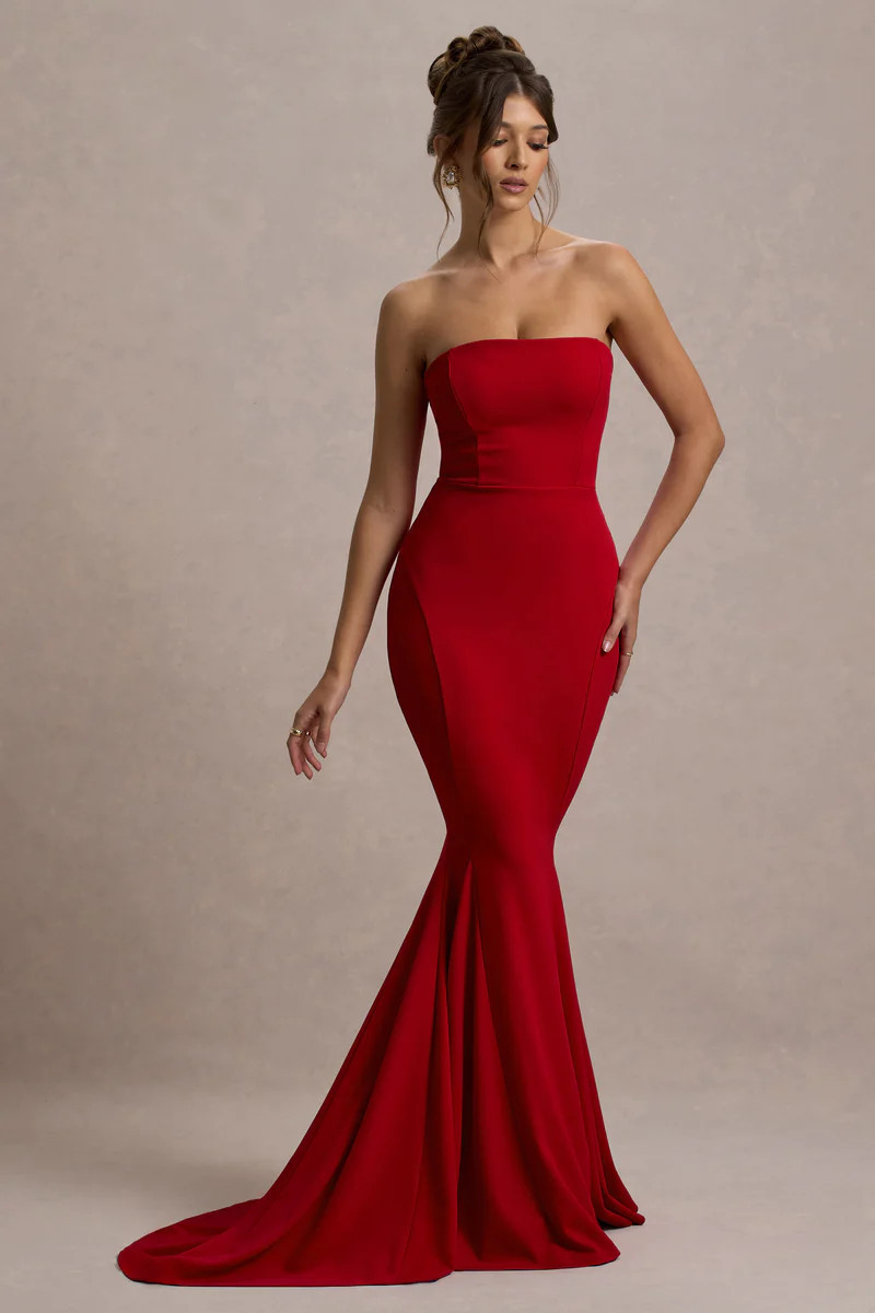 Impress Me  Red Strapless Bandeau Fishtail Maxi Dress | Club L London