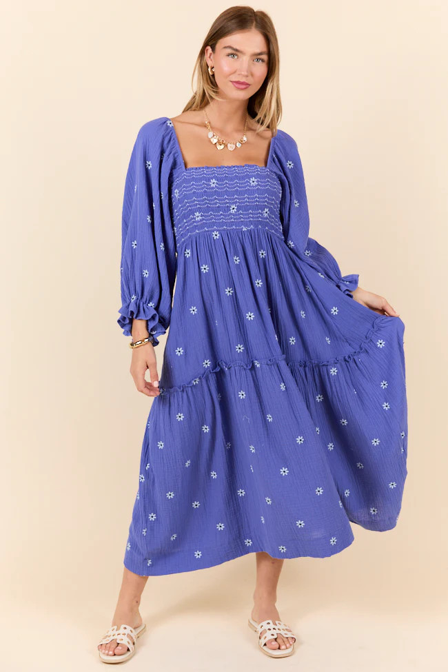 Dress To Impress Blue and Purple Smocked Flower Maxi Dress | Pink Lily