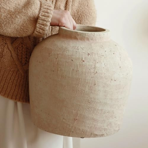 Large Ceramic Vase, 11" Rustic Farmhouse Terracotta Vase for Home Decor, Artisan Decorative Flower Vase for Living Room, Table Centerpiece, Bedroom (Terracotta Beige) | Amazon (US)