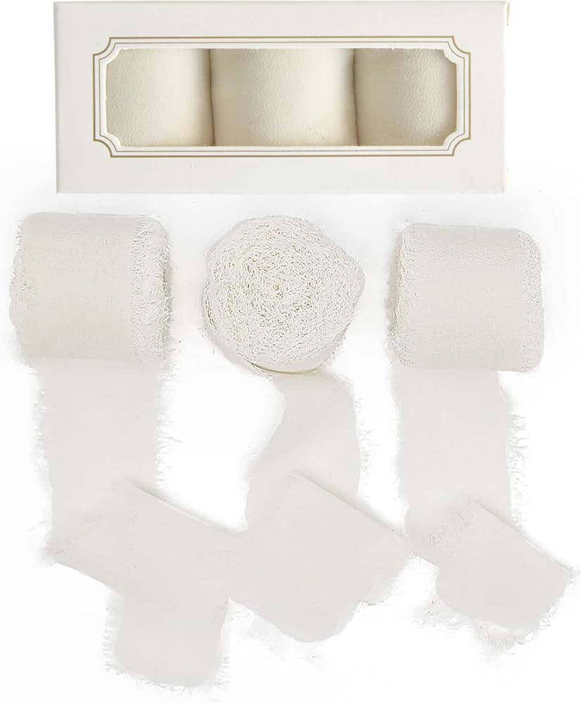 Handmade Fringe Chiffon Silk Ribbon - Cream White Frayed Ribbons 1.5" x 7Yd for Wedding Invitations, | Amazon (US)