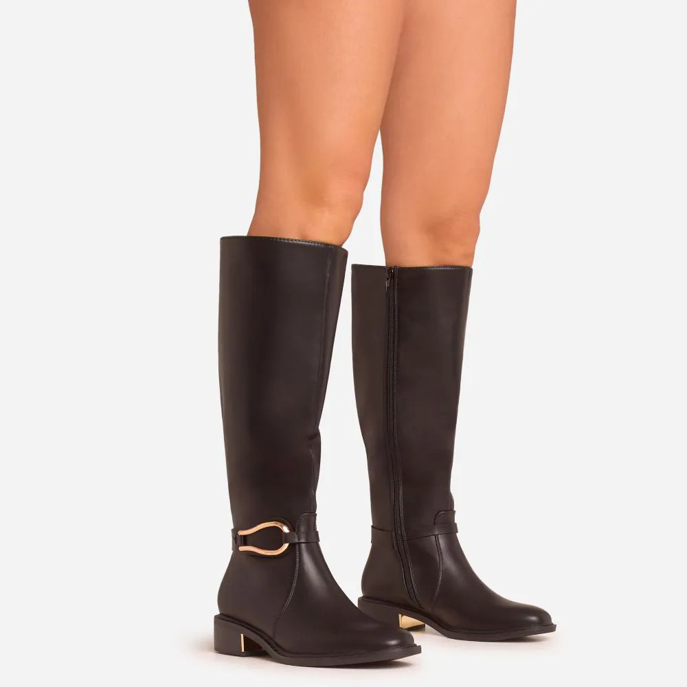 Carson Ring Detail Gold Plate Knee High Long Boot In Black Faux Leather | EGO Shoes (US & Canada)