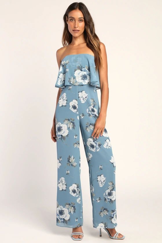 Finest Florals Slate Blue Floral Print Strapless Jumpsuit | Lulus (US)