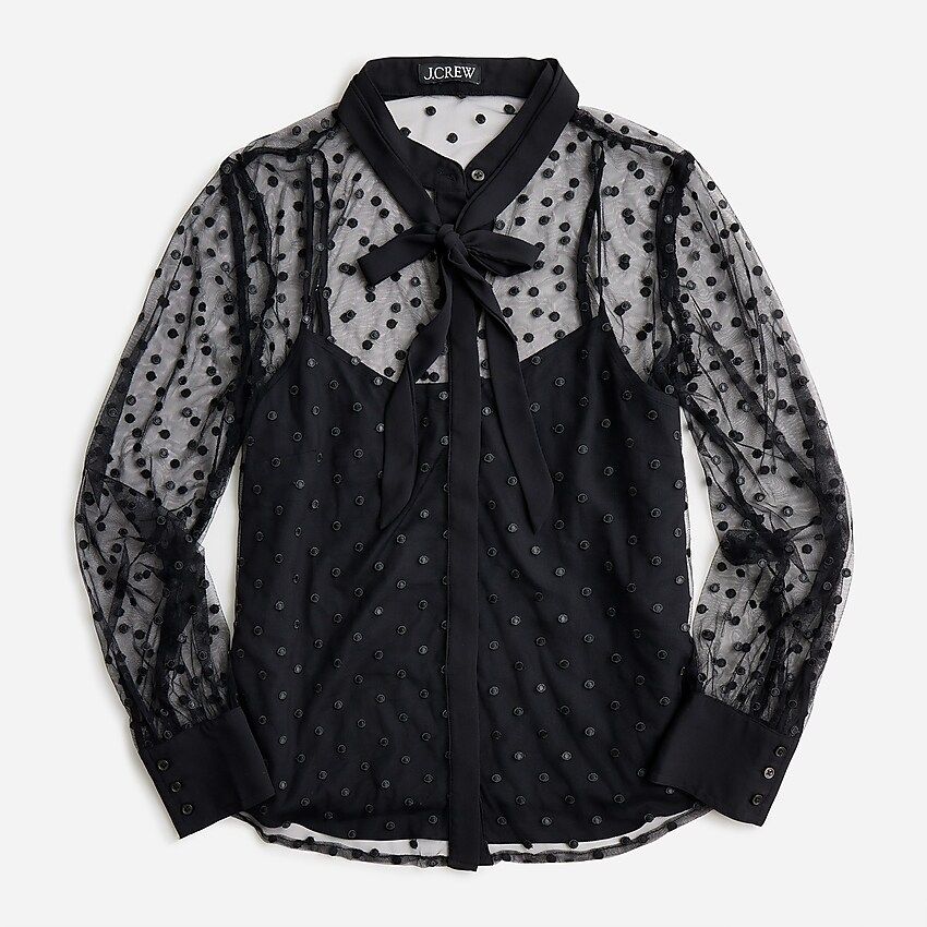 Tie-neck long-sleeve top in dotted tulle | J.Crew US