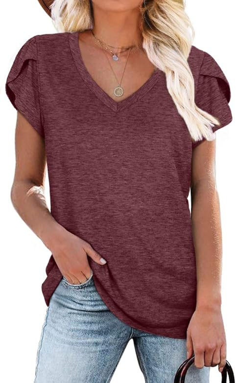 WIHOLL Womens Tops V Neck Summer Petal Sleeve Casual Tshirts | Amazon (US)