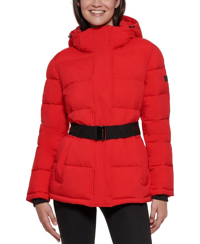 Calvin Klein Hooded Stretch Belted Puffer Coat & Reviews - Coats & Jackets - Women - Macy's | Macys (US)