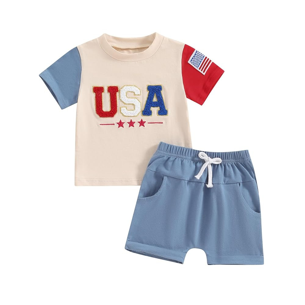 Baby Boys 4th of July Outfits Short Sleeves T-Shirt and Elastic Shorts Set Toddler Fourth Of July... | Amazon (US)