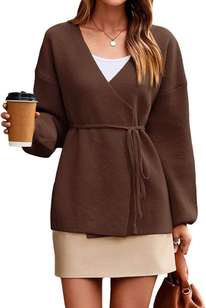 Saodimallsu Womens Wrap V Neck Cardigan Sweaters Tie Front Long Sleeve Soft Knit Dressy Work Fall... | Amazon (US)